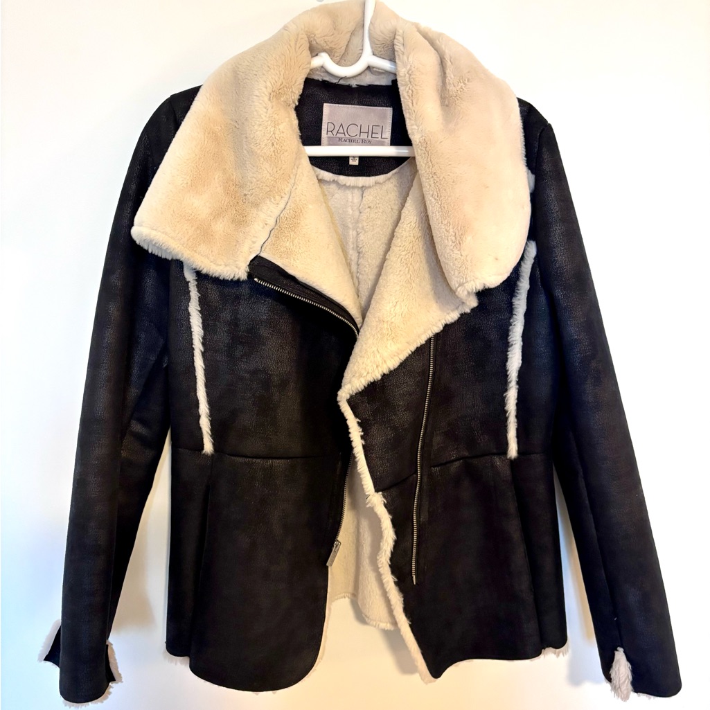 Rachel Black Faux Suede Shearling Jacket With Cream Collar